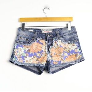 Hot Kiss denim shorts floral print patchwork distressed boho flowers 5 patchwork